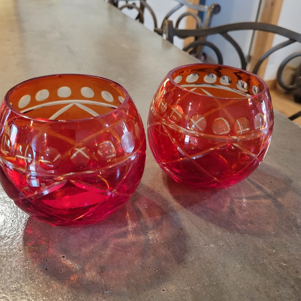 Vintage Set Of 2 Czech Bohemiam Red Cut Glass Candle Holders